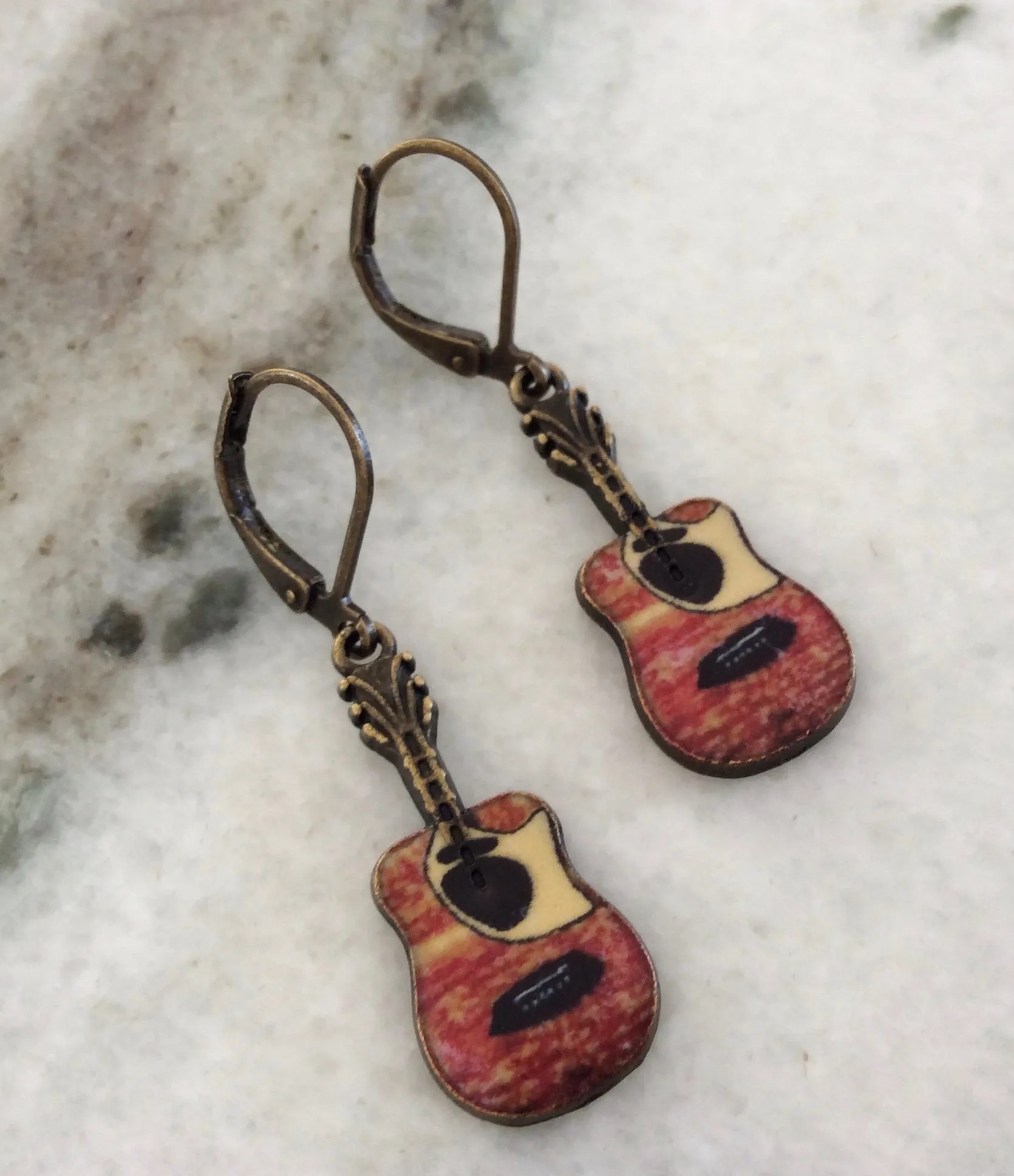 Guitar Earrings Brass and Resin Painted Guitar Earrings Guitar Jewelry Lever Back