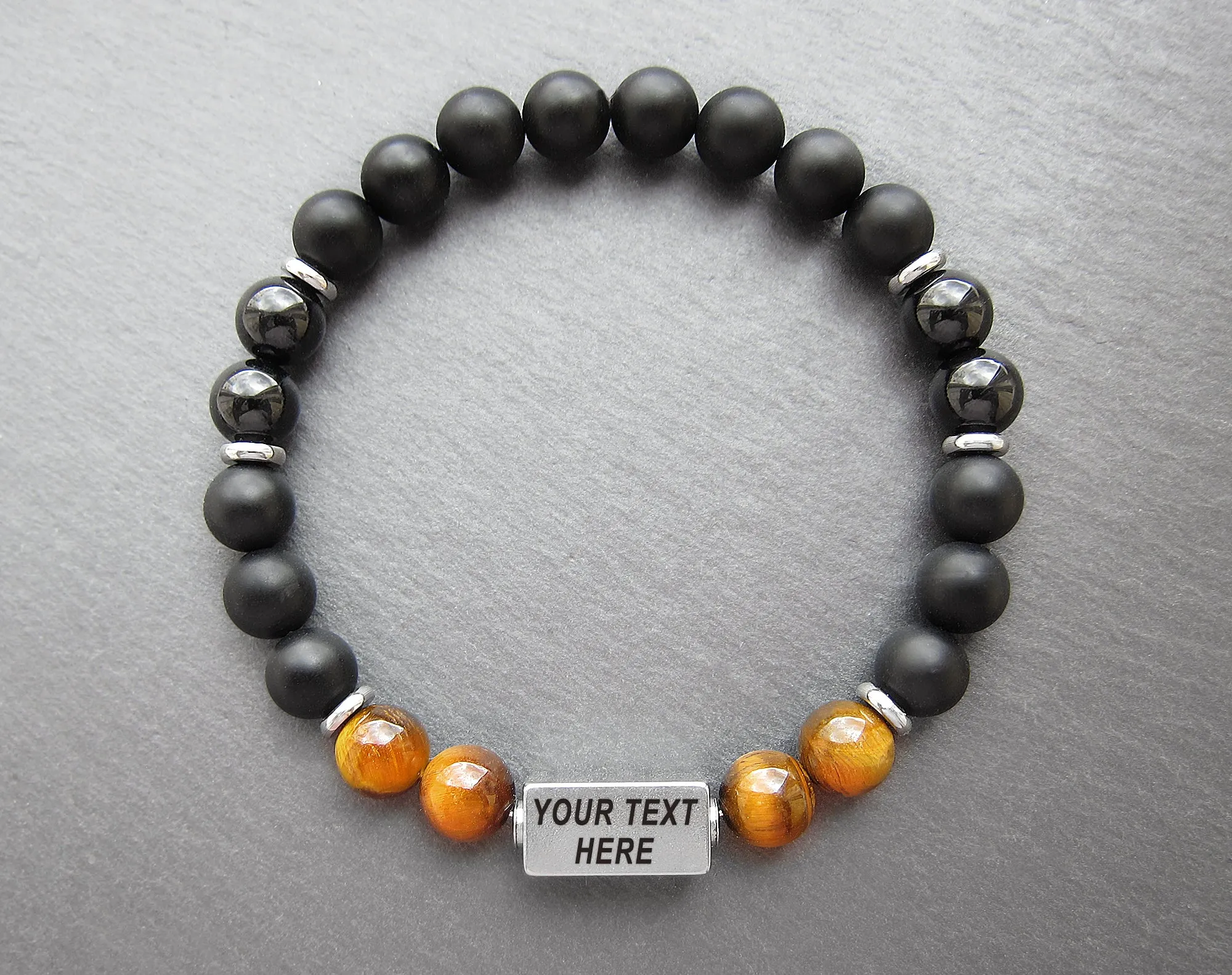 Guys bracelets custom with matte black onyx and tiger eye beads
