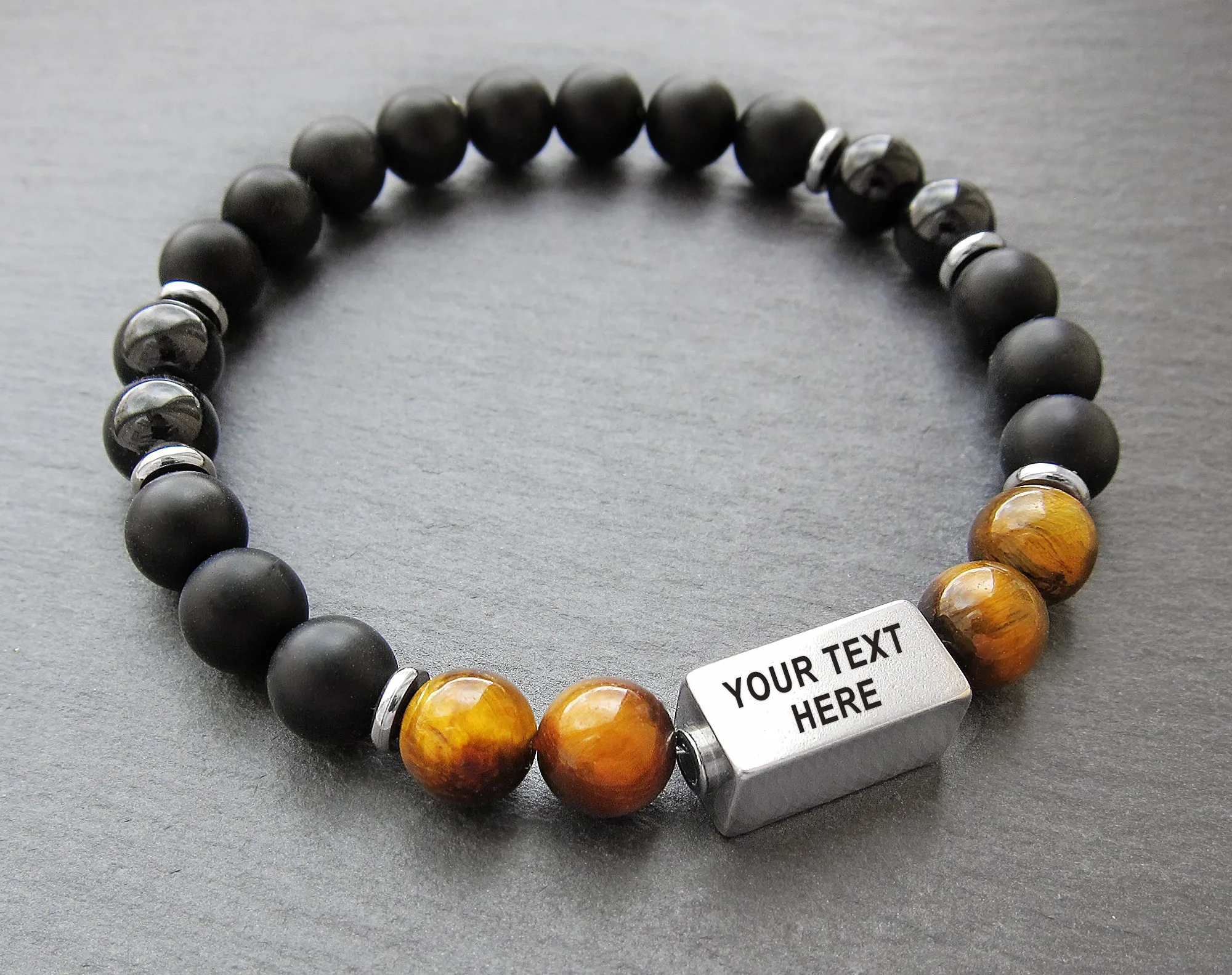 Guys bracelets custom with matte black onyx and tiger eye beads