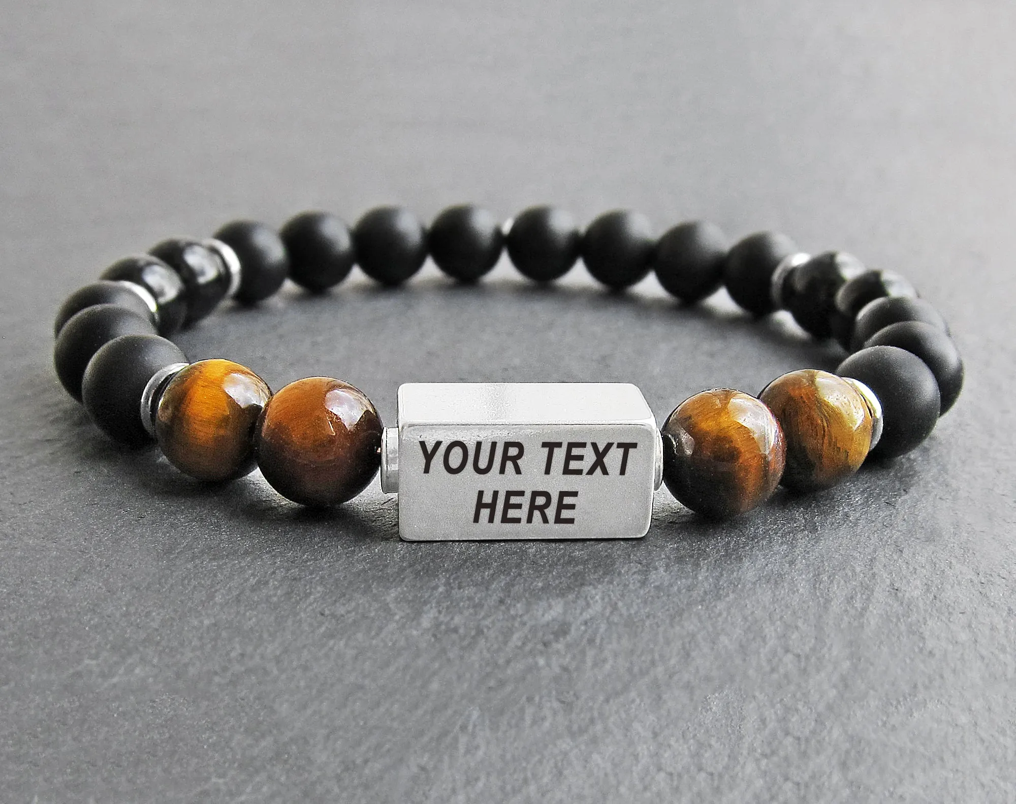 Guys bracelets custom with matte black onyx and tiger eye beads