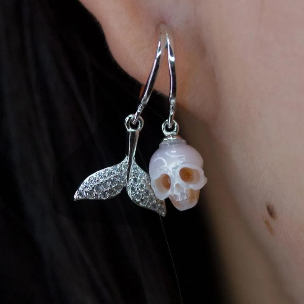 Hand-Carved Pearl Skull Mermaid Earrings with Zircon Tail