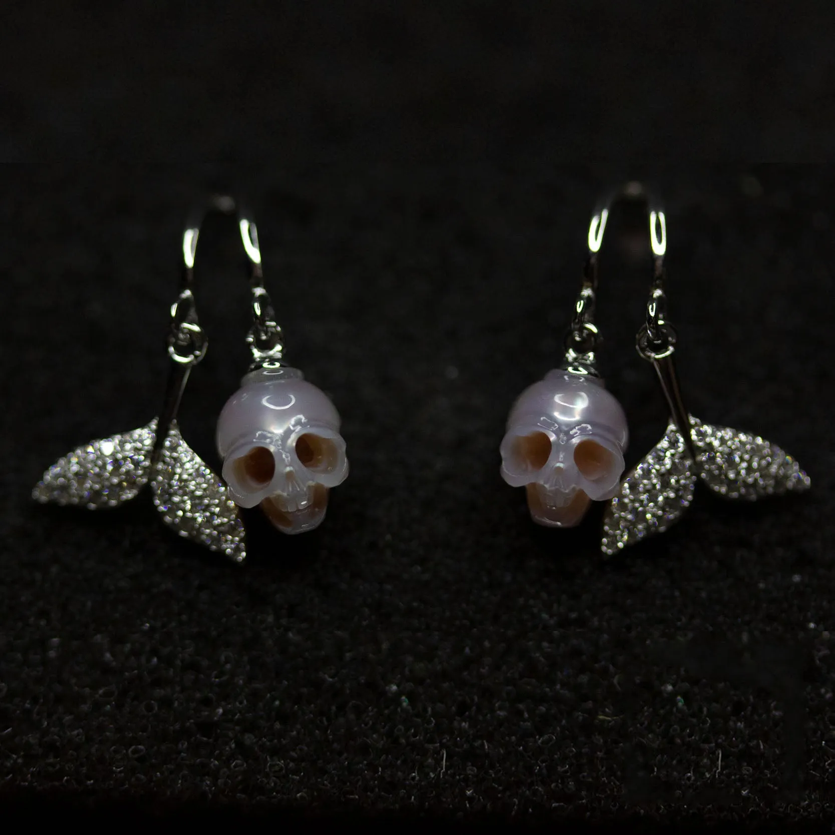 Hand-Carved Pearl Skull Mermaid Earrings with Zircon Tail