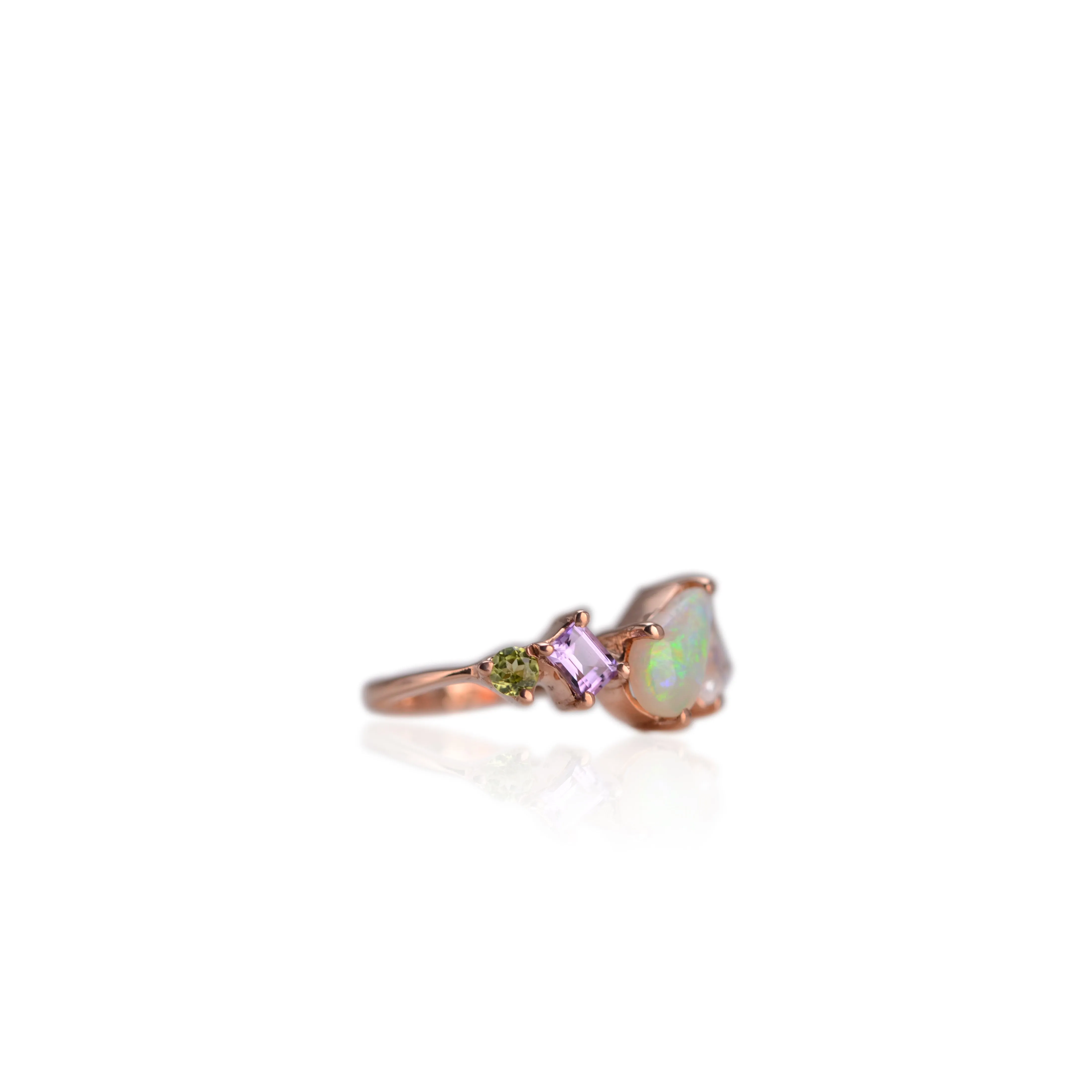 Handmade 5 x 9 mm. Freeform Multi-coloured Lightning Ridge Australian Opal, Moonstone, Amethyst and Peridot Cluster Ring