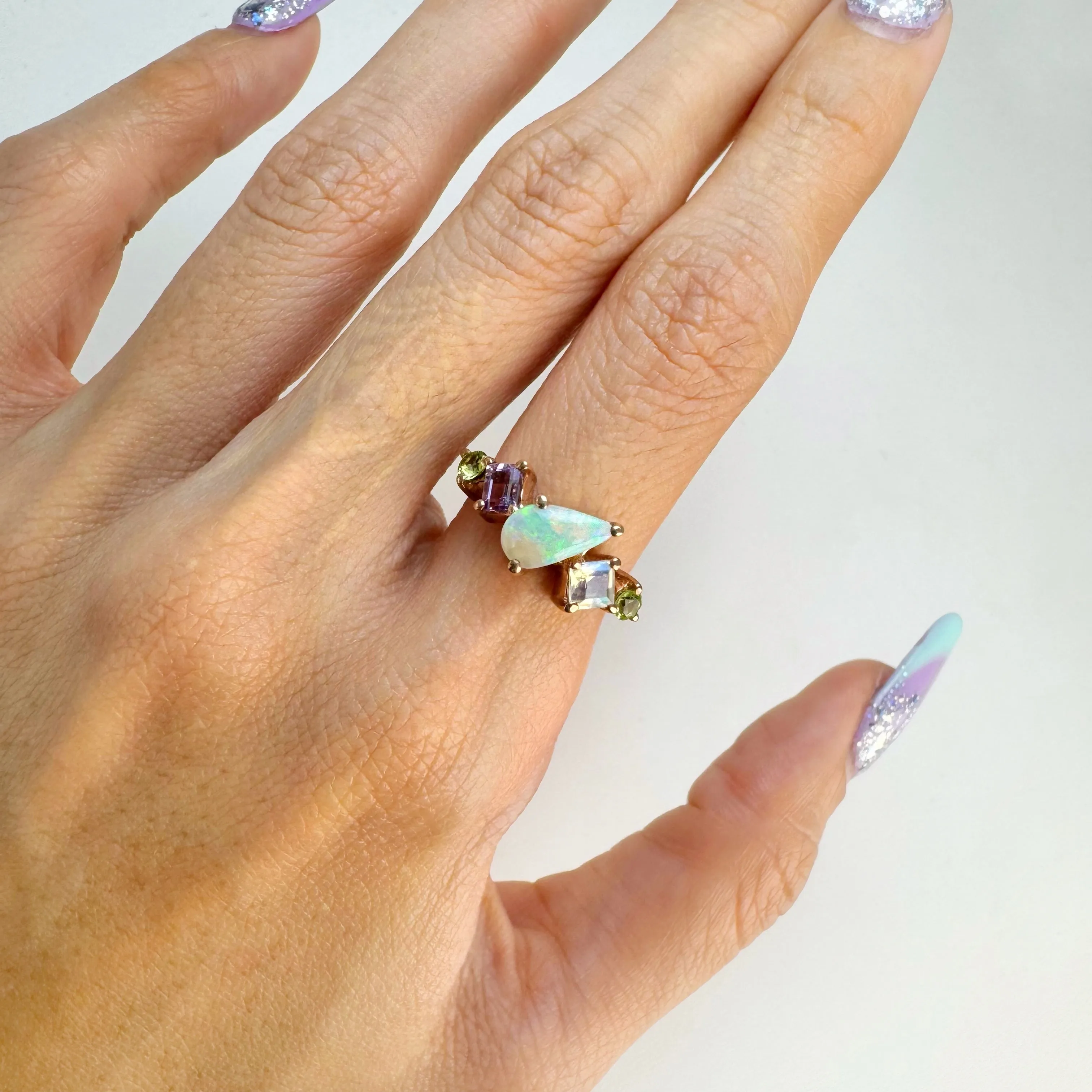Handmade 5 x 9 mm. Freeform Multi-coloured Lightning Ridge Australian Opal, Moonstone, Amethyst and Peridot Cluster Ring
