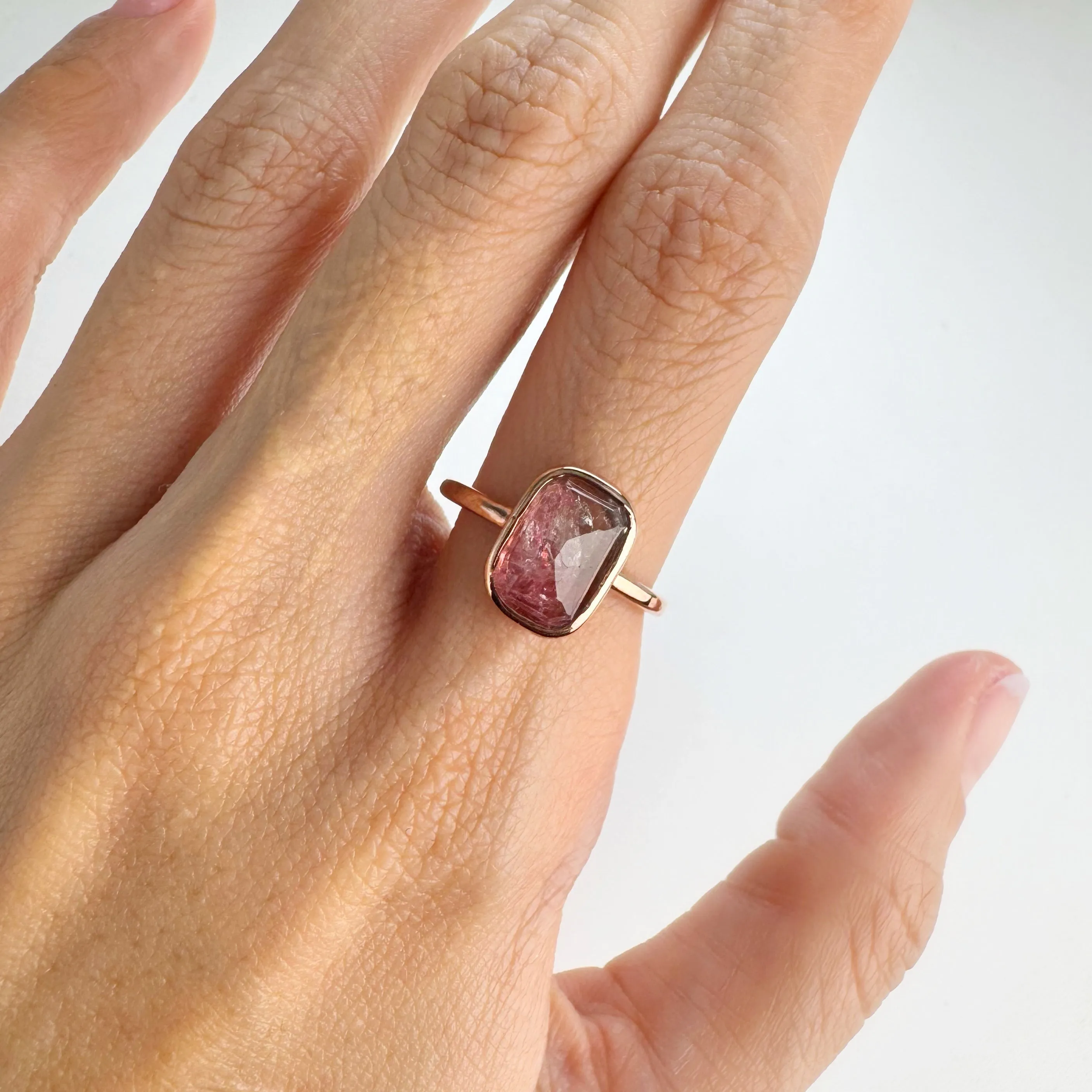 Handmade 8 x 12 mm. Freeform Step Cut  Pink Brazilian Tourmaline Ring