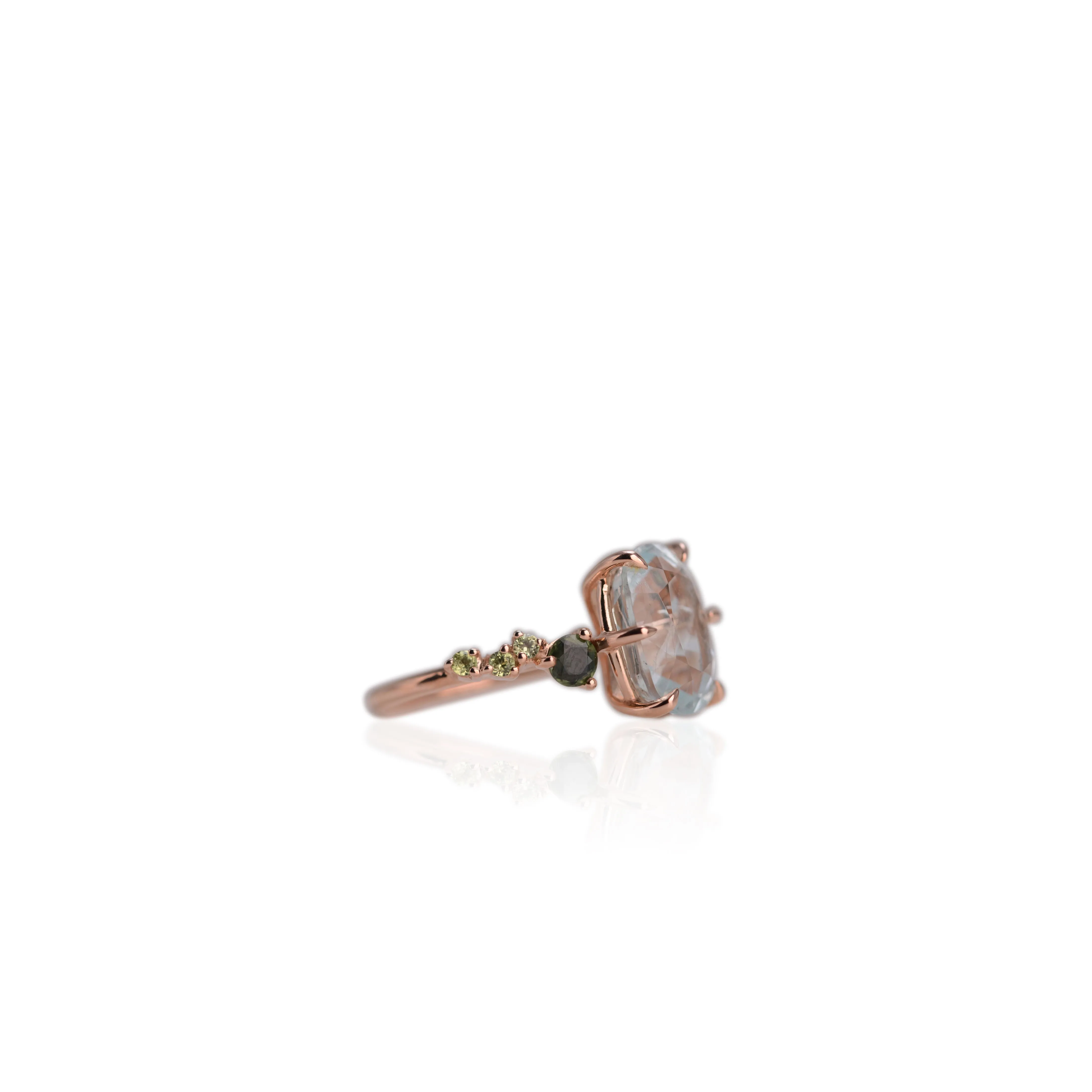 Handmade 9 x 13 mm. Oval Cut Blue Brazilian Aquamarine with Sapphire and Peridot Accents Ring