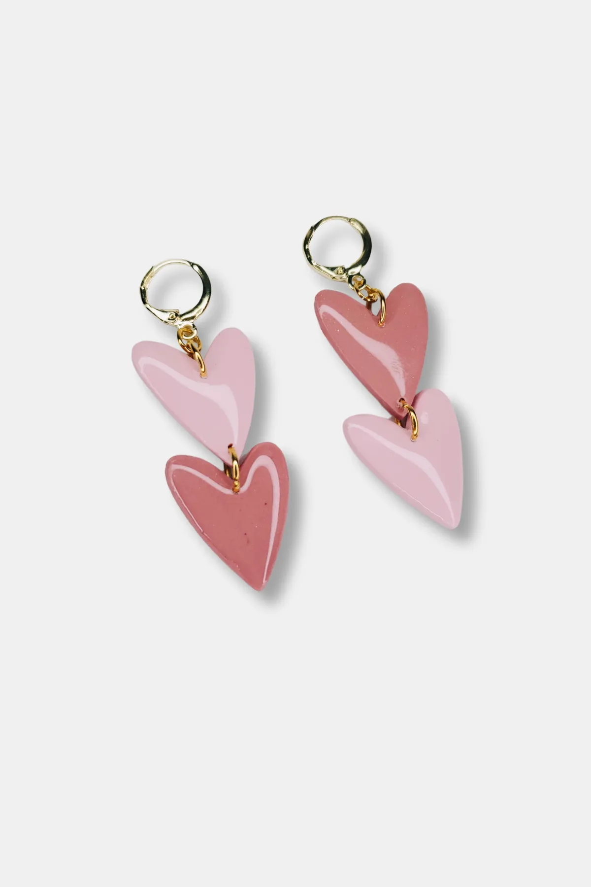Handmade Double Heart Dangles Huggie Hoop Clay Earrings