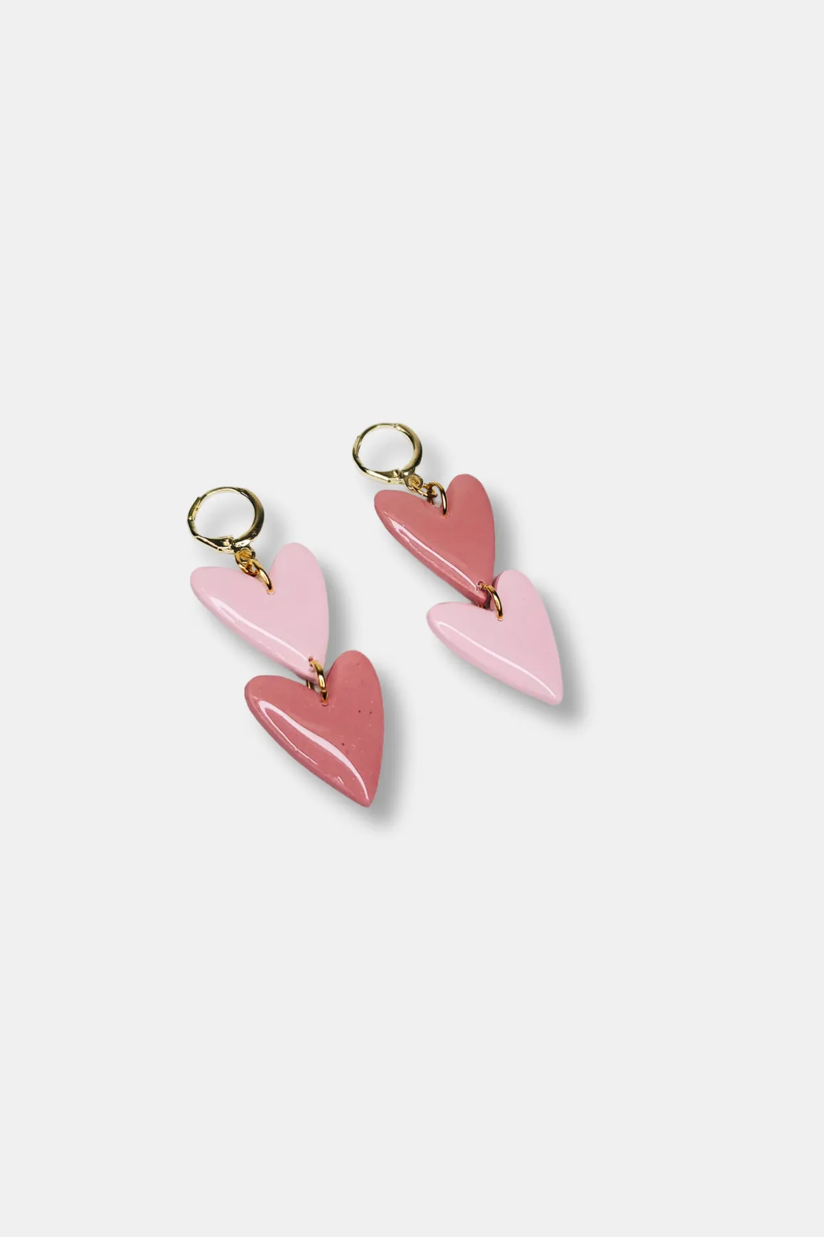 Handmade Double Heart Dangles Huggie Hoop Clay Earrings
