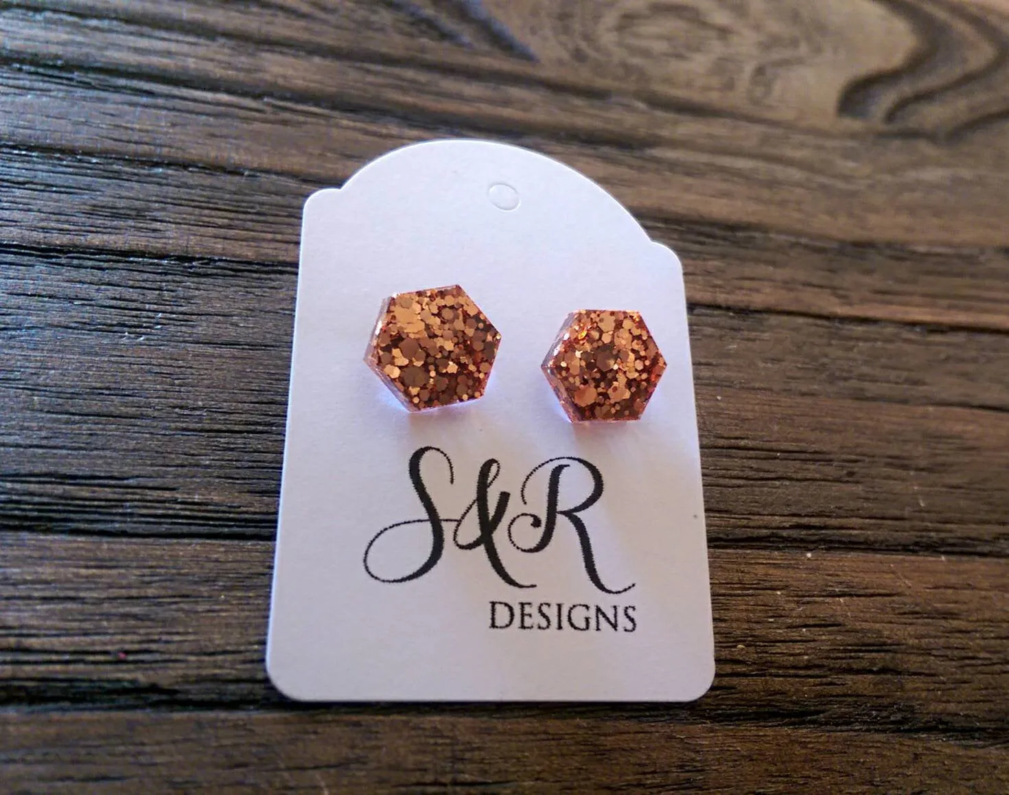 Hexagon Resin Stud Earrings, Rose Gold Copper 10mm