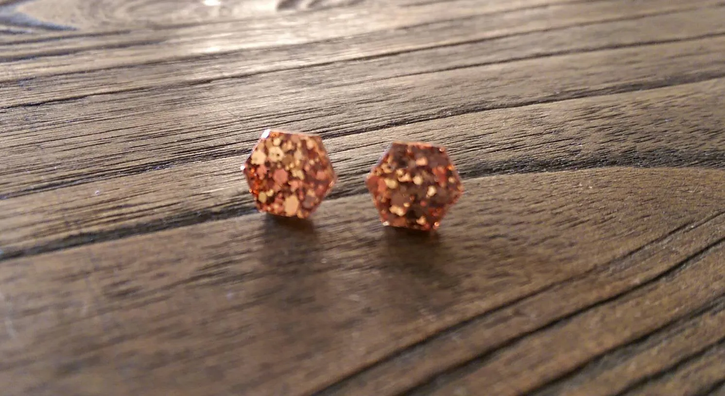 Hexagon Resin Stud Earrings, Rose Gold Copper 10mm