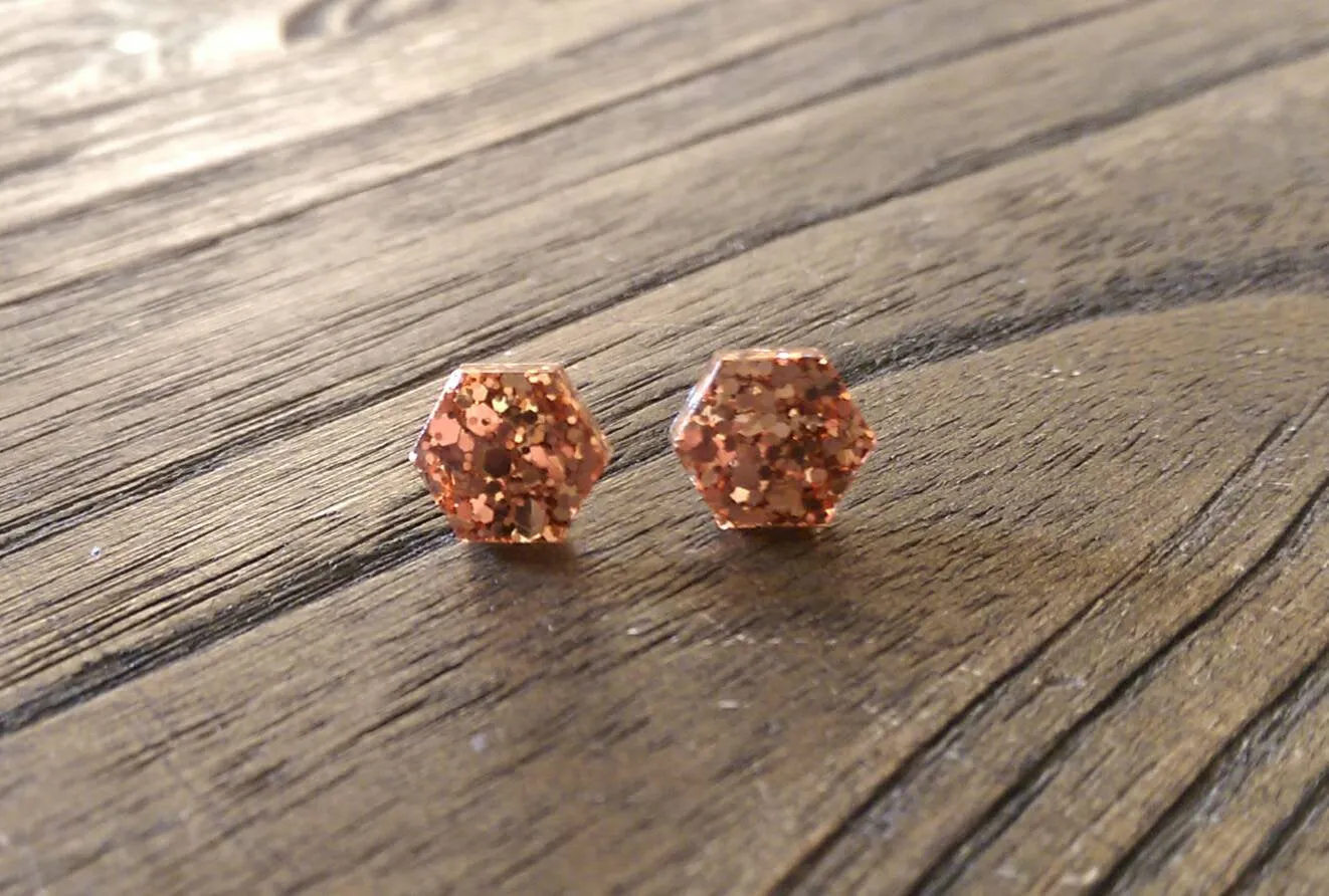 Hexagon Resin Stud Earrings, Rose Gold Copper 10mm