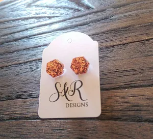 Hexagon Resin Stud Earrings, Rose Gold Copper 10mm