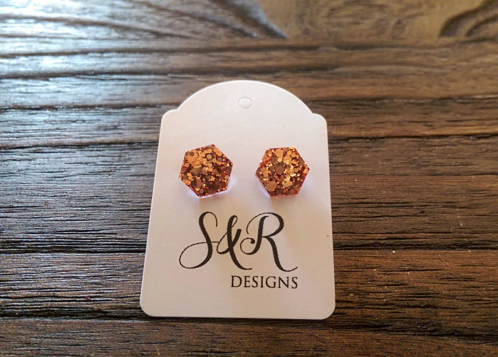 Hexagon Resin Stud Earrings, Rose Gold Copper 10mm