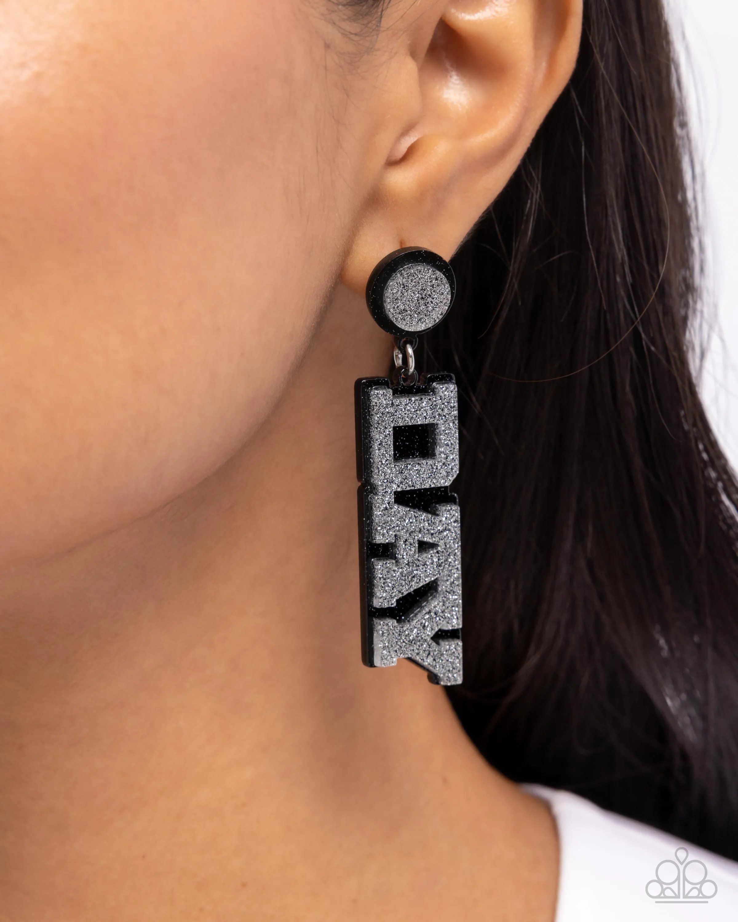 Home Game - Black - and Silver Glittery Acrylic "GAME DAY" Paparazzi Post Earrings