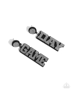 Home Game - Black - and Silver Glittery Acrylic "GAME DAY" Paparazzi Post Earrings