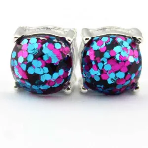 Hot Pink Glitter Silver Tone Earrings