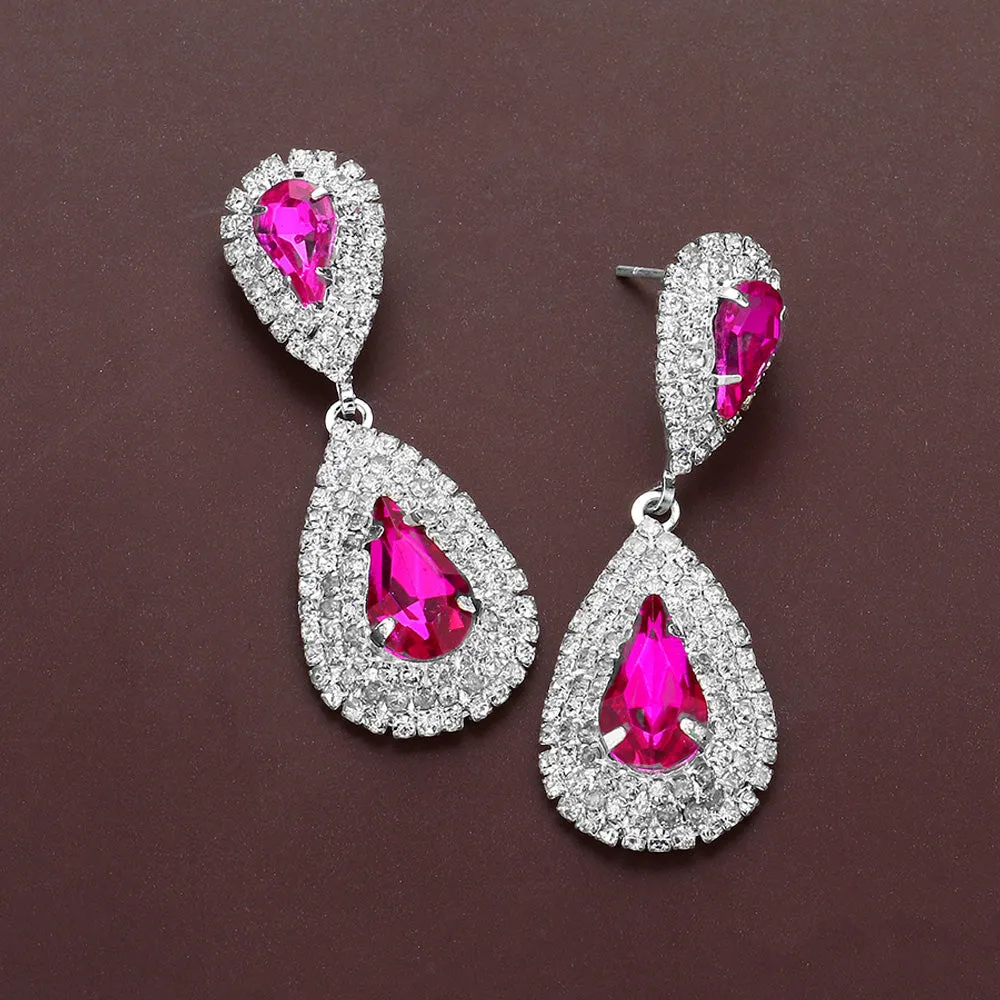 Hot Pink Marquise Stone Flower Pageant Earrings | Fuchsia Evening Earrings |  646918