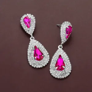 Hot Pink Marquise Stone Flower Pageant Earrings | Fuchsia Evening Earrings |  646918