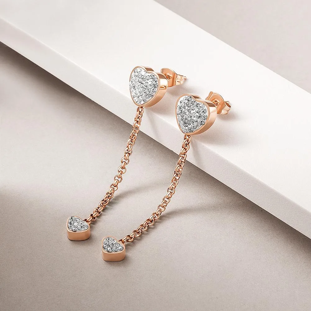 Hypoallergenic Heart Drop Earrings - CZ Pave, Gold & Rose Gold Options for Women