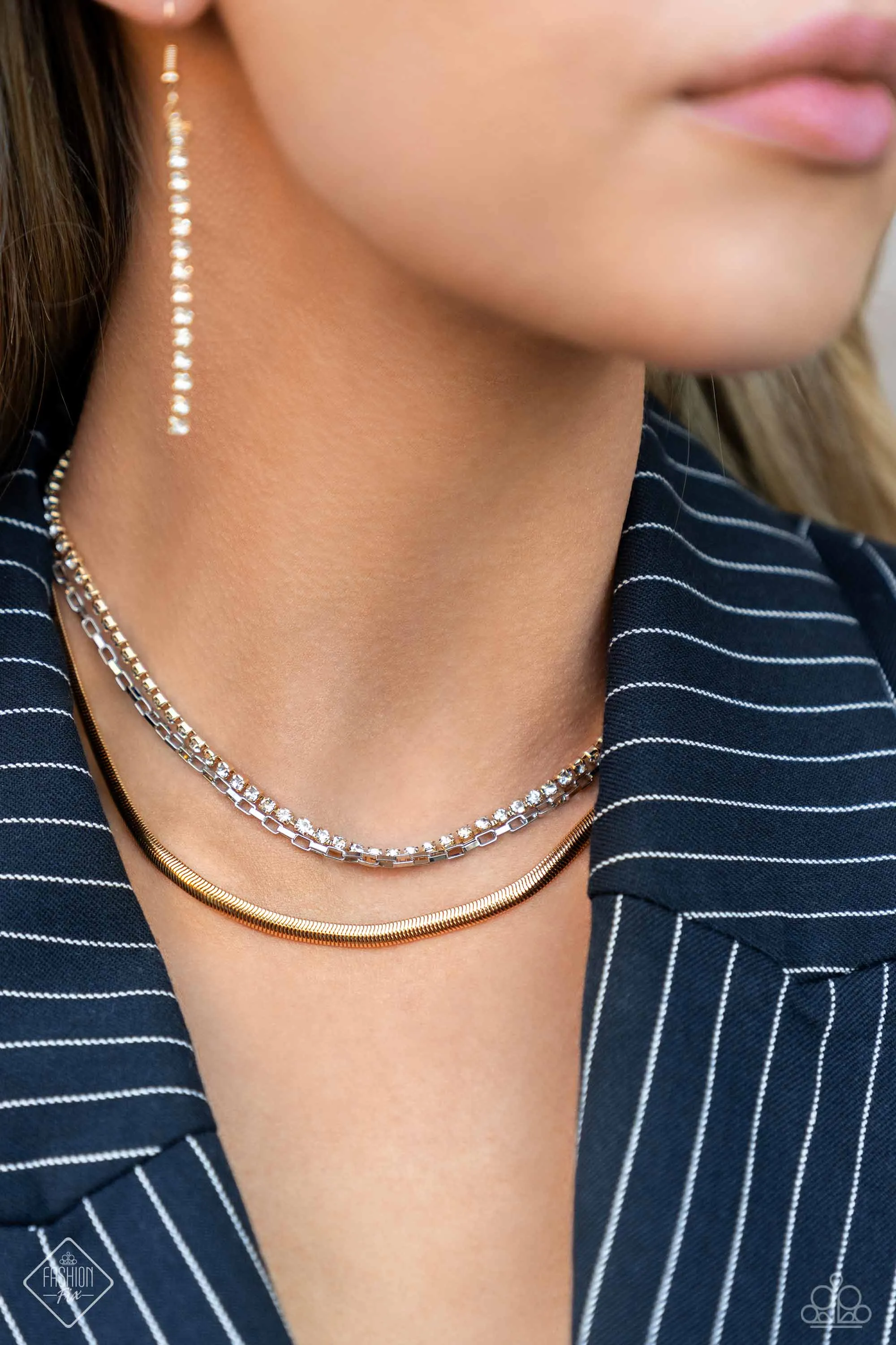 I SQUARE For You - Gold - Mixed Metal White Rhinestone Tiered Paparazzi Short Necklace - February 2024 Magnificent Musings