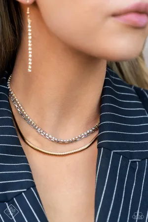 I SQUARE For You - Gold - Mixed Metal White Rhinestone Tiered Paparazzi Short Necklace - February 2024 Magnificent Musings