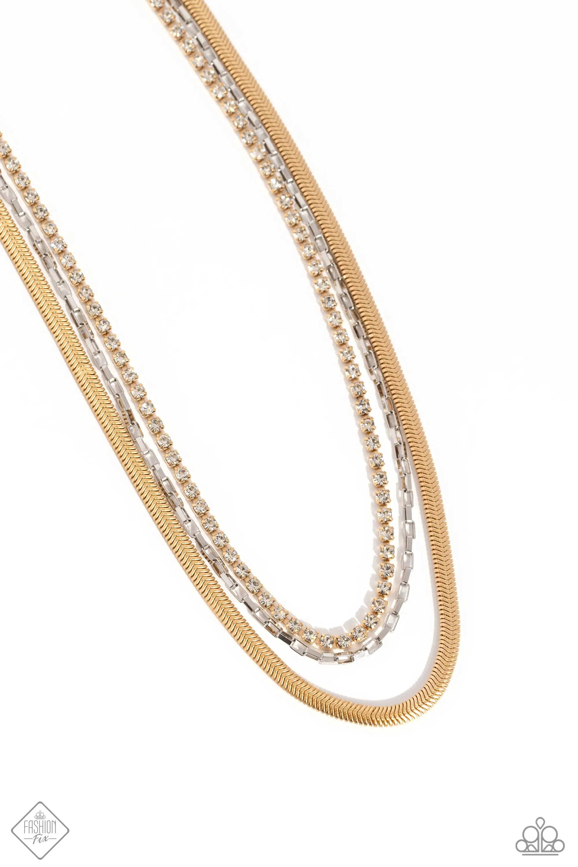 I SQUARE For You - Gold - Mixed Metal White Rhinestone Tiered Paparazzi Short Necklace - February 2024 Magnificent Musings