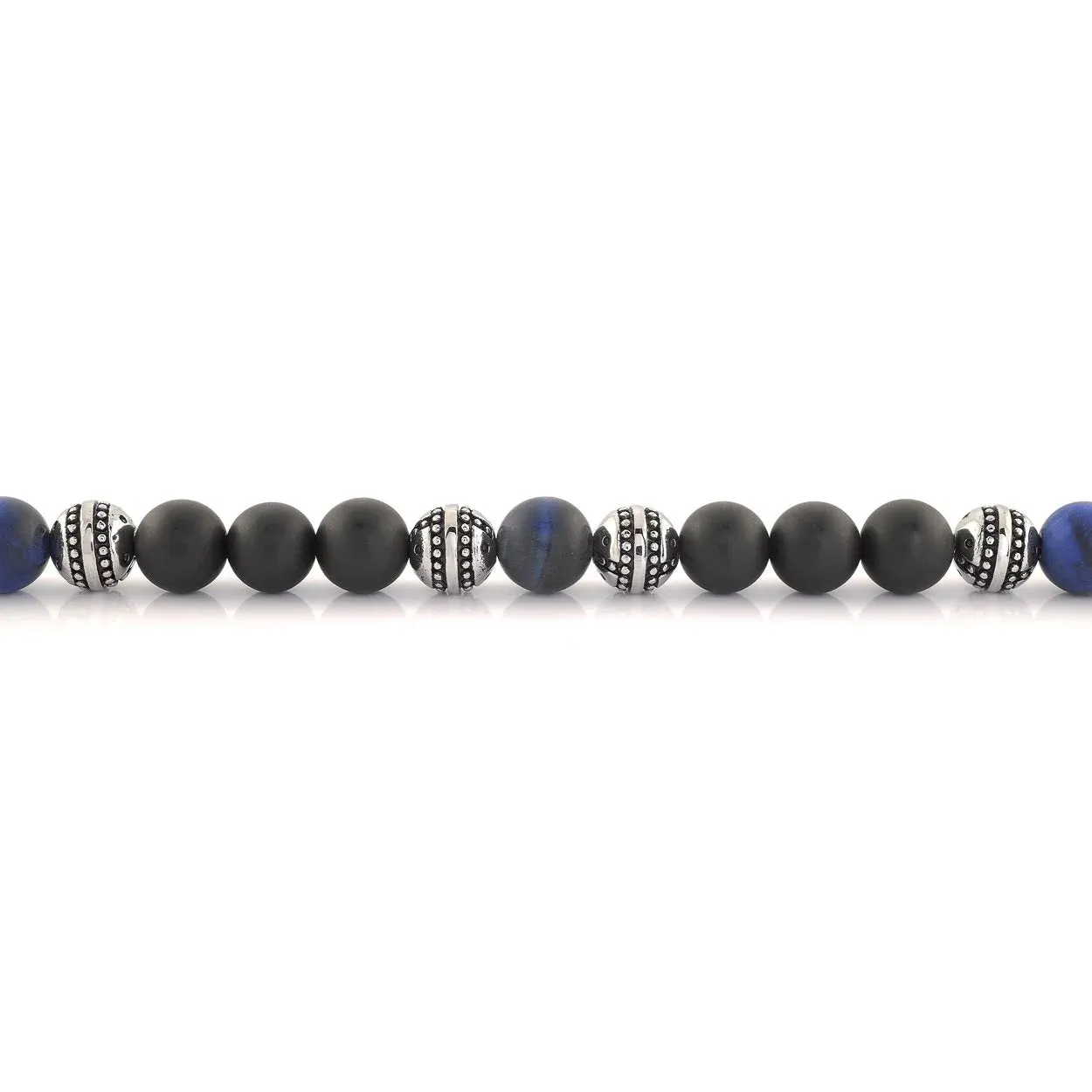 Italgem Blue Tiger's Eye, Matte Black Onyx and Stainless Steel (8mm) Beaded Stretch Bracelet
