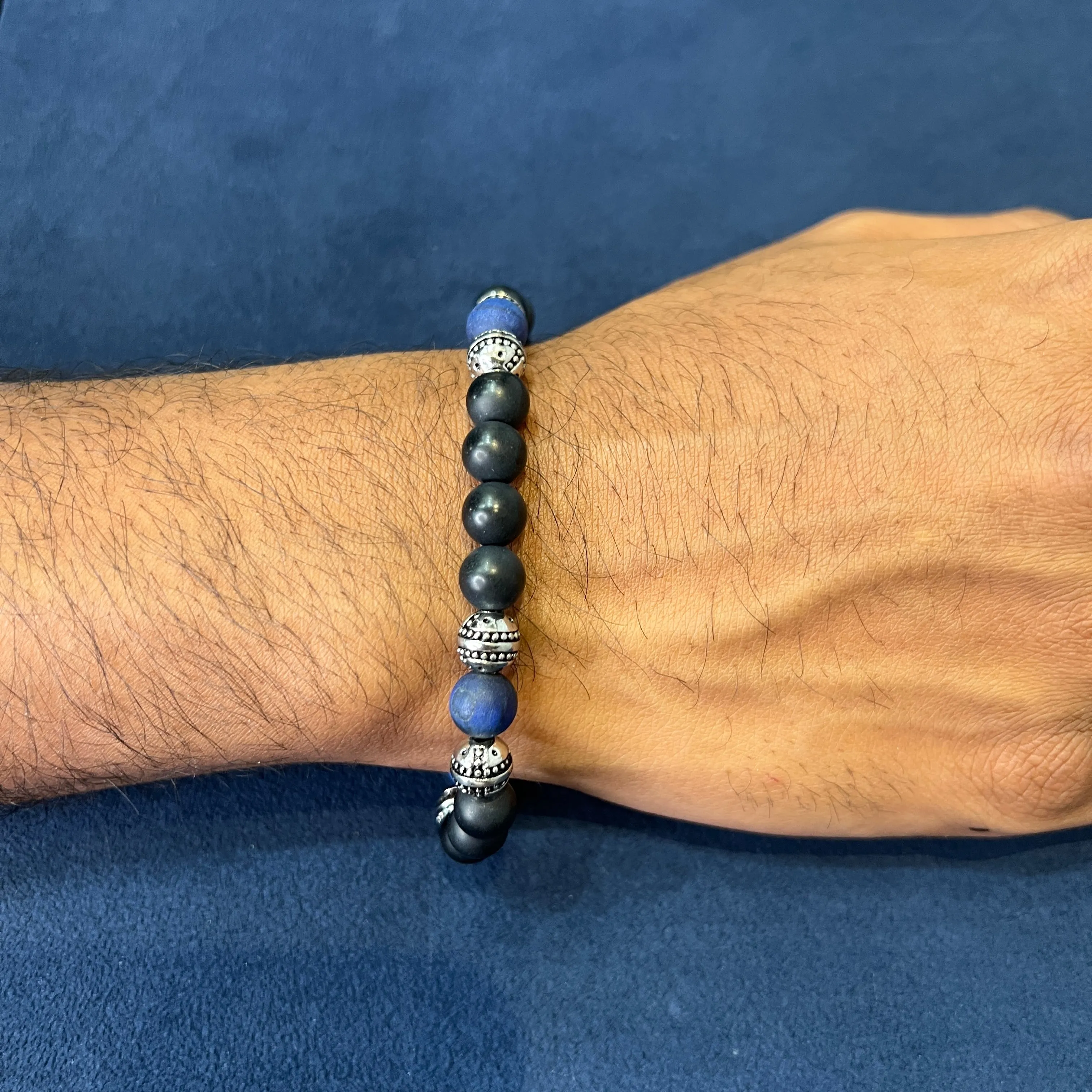 Italgem Blue Tiger's Eye, Matte Black Onyx and Stainless Steel (8mm) Beaded Stretch Bracelet