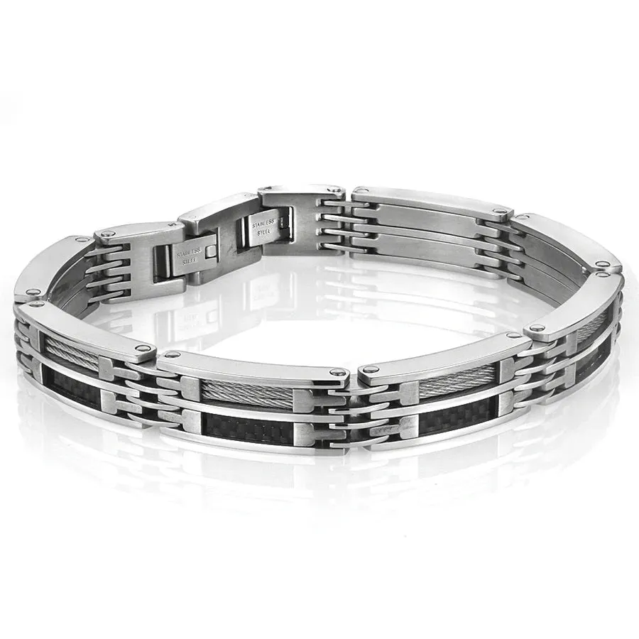 Italgem Stainless Steel with Black Carbon Fiber and Cable Wire Bracelet