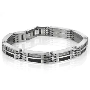 Italgem Stainless Steel with Black Carbon Fiber and Cable Wire Bracelet