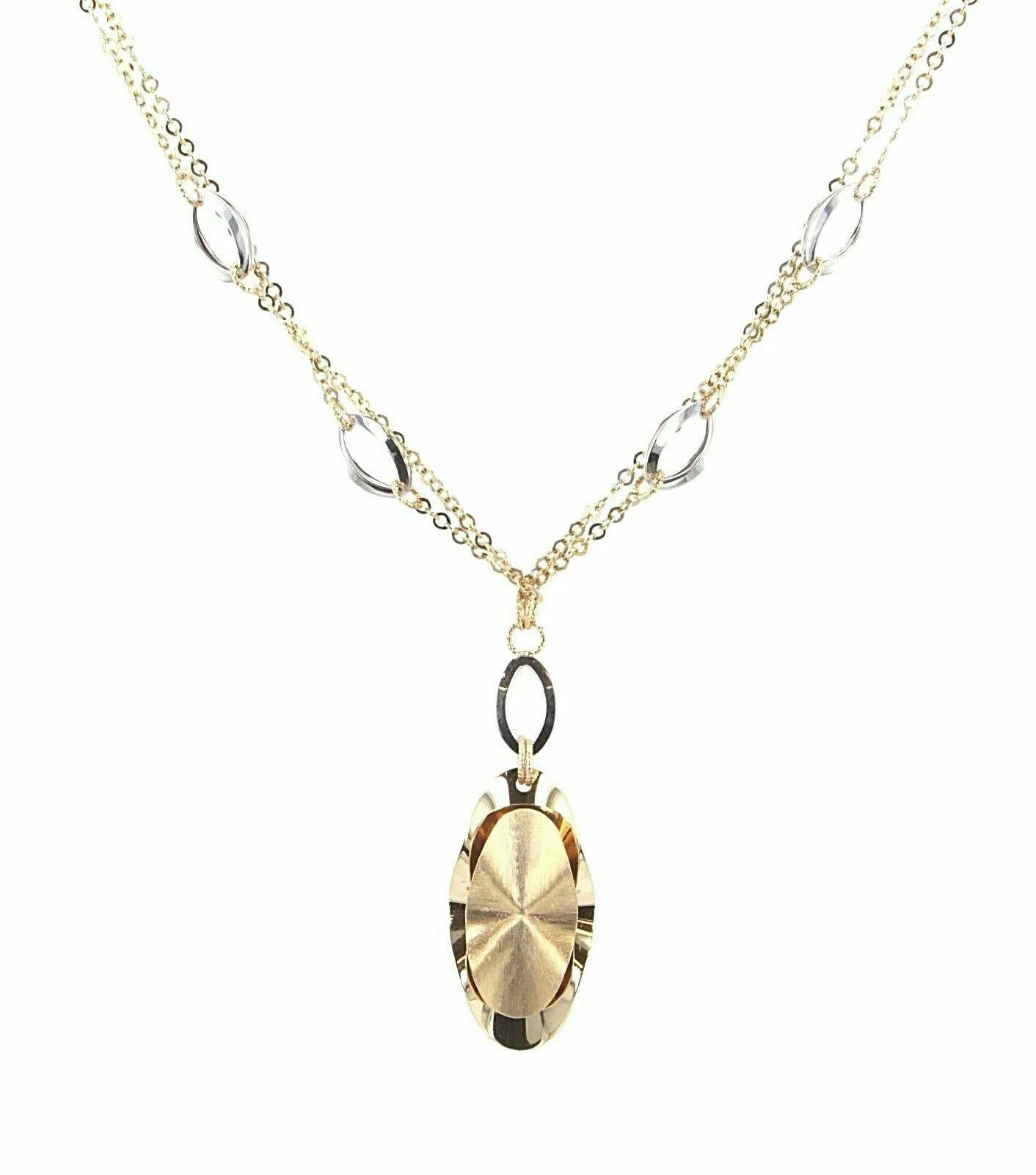 Italian 14k Two Tone Gold Oval Charm Chain Statement Necklace Double Rolo 17"