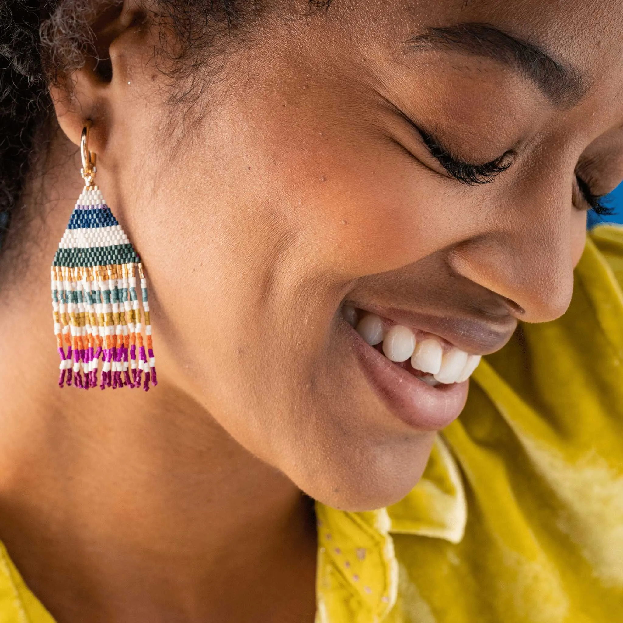James Mini Gold Hoop Beaded Geo Fringe Earrings {teal   black   gold}