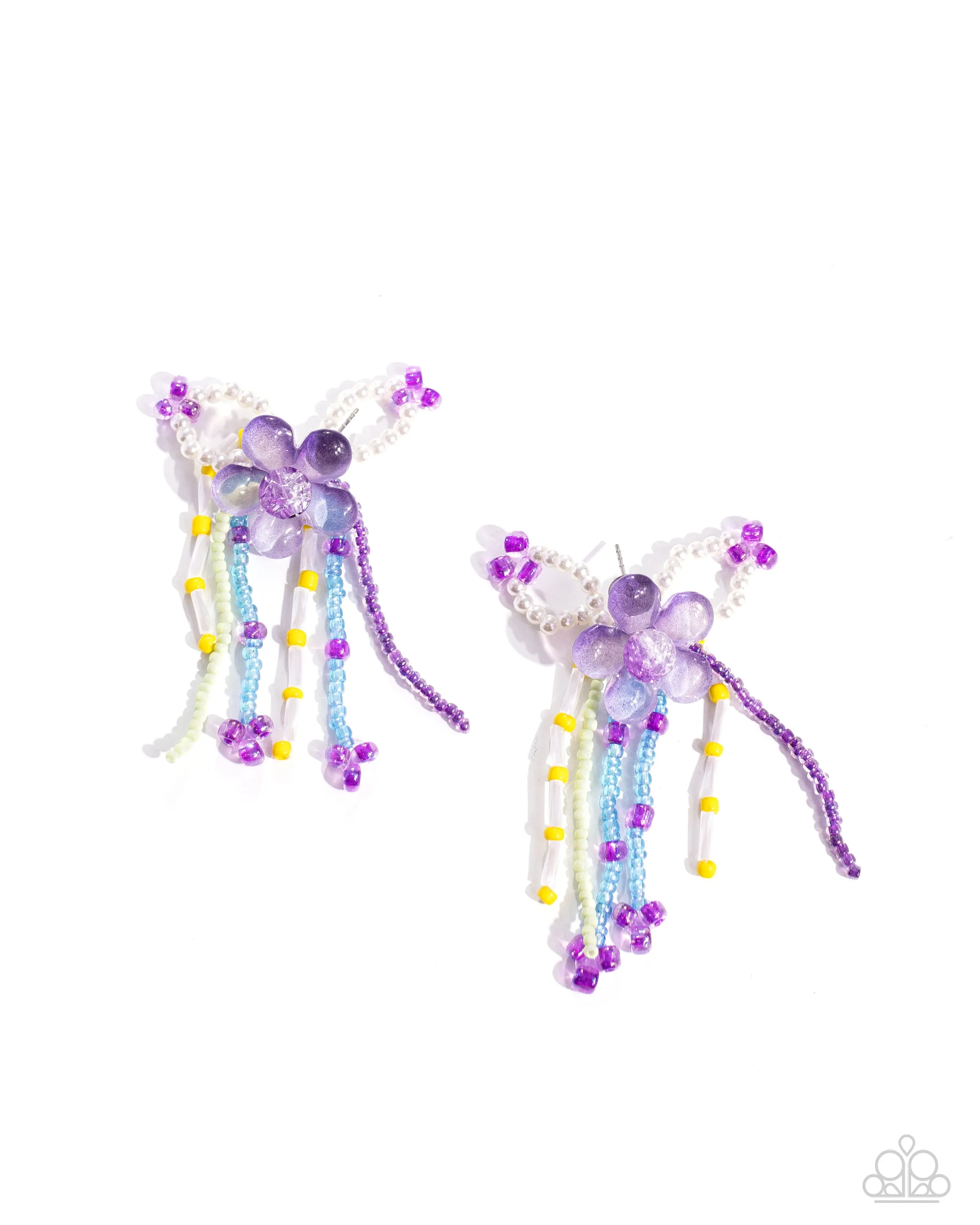 Japanese Blossoms - Purple - Acrylic Flower Colorful Seed Bead and White Pearl Paparazzi Post Earrings