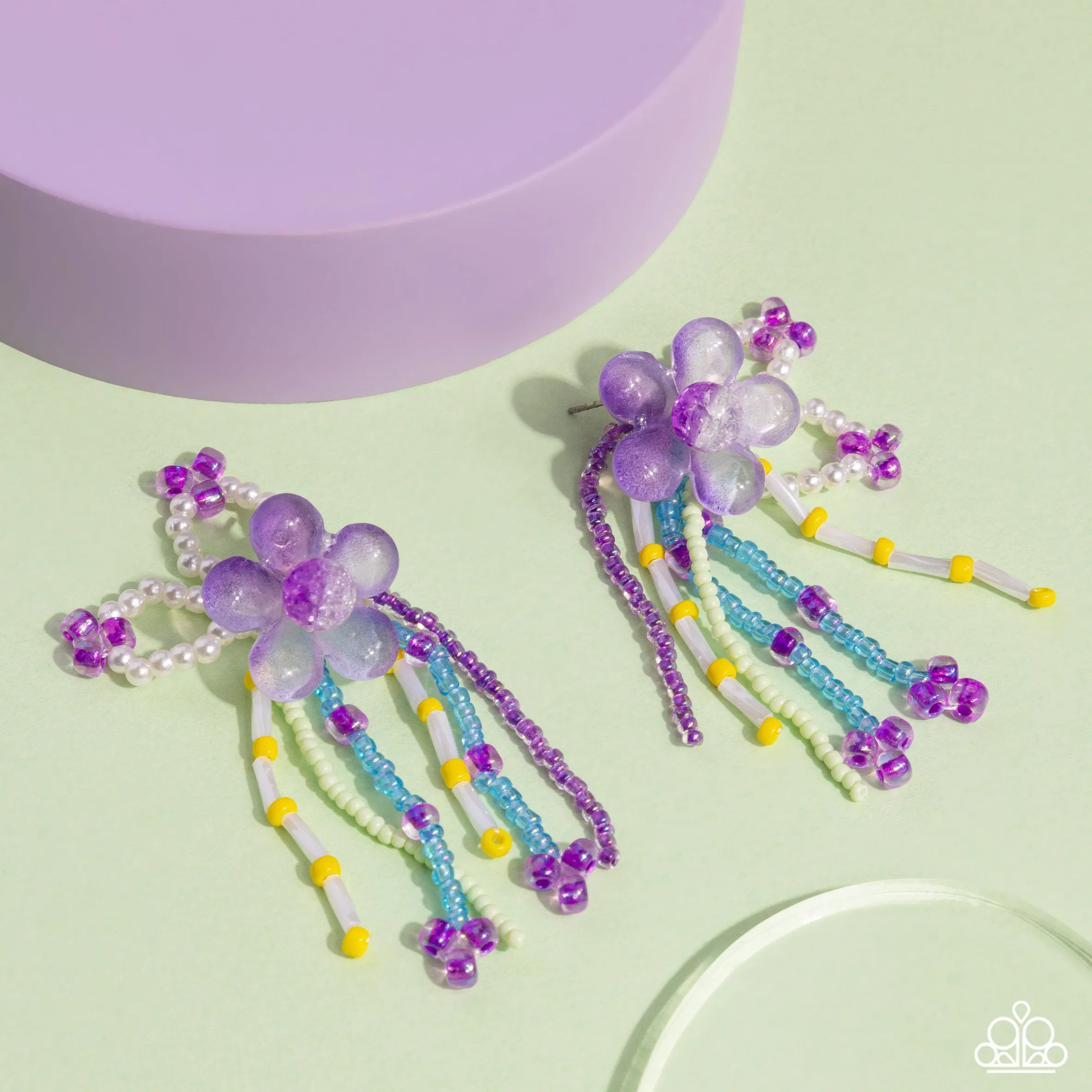 Japanese Blossoms - Purple - Acrylic Flower Colorful Seed Bead and White Pearl Paparazzi Post Earrings