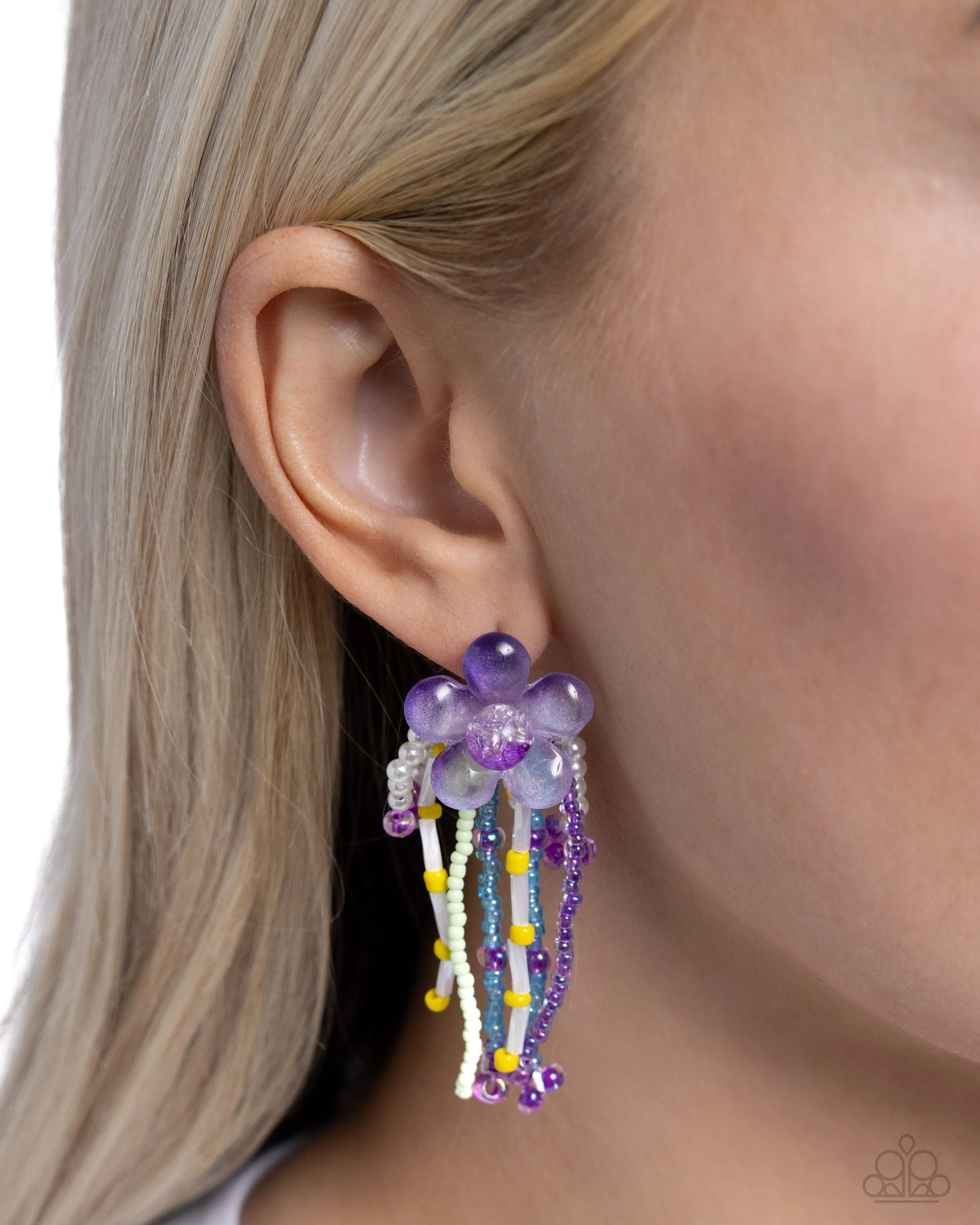 Japanese Blossoms - Purple - Acrylic Flower Colorful Seed Bead and White Pearl Paparazzi Post Earrings