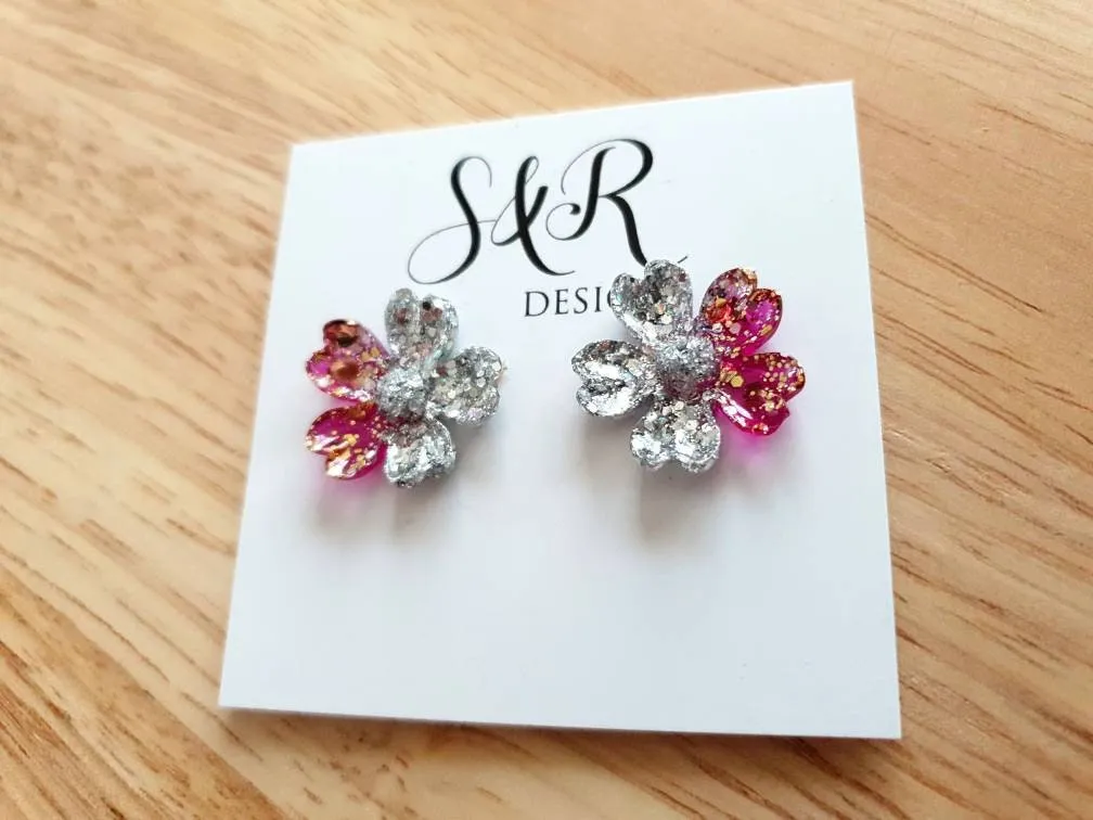 Japanese Sakura Cherry Blossom Flower Stud Earrings, Silver Hot Pink Gold Resin Cherry Blosom Flower Earrings, Stainless Steel Earrings