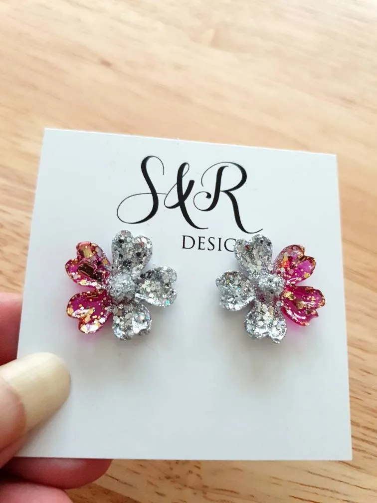 Japanese Sakura Cherry Blossom Flower Stud Earrings, Silver Hot Pink Gold Resin Cherry Blosom Flower Earrings, Stainless Steel Earrings