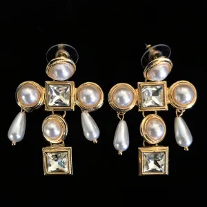 JEWEL CROSS EARRINGS WITH PEARL DANGLES