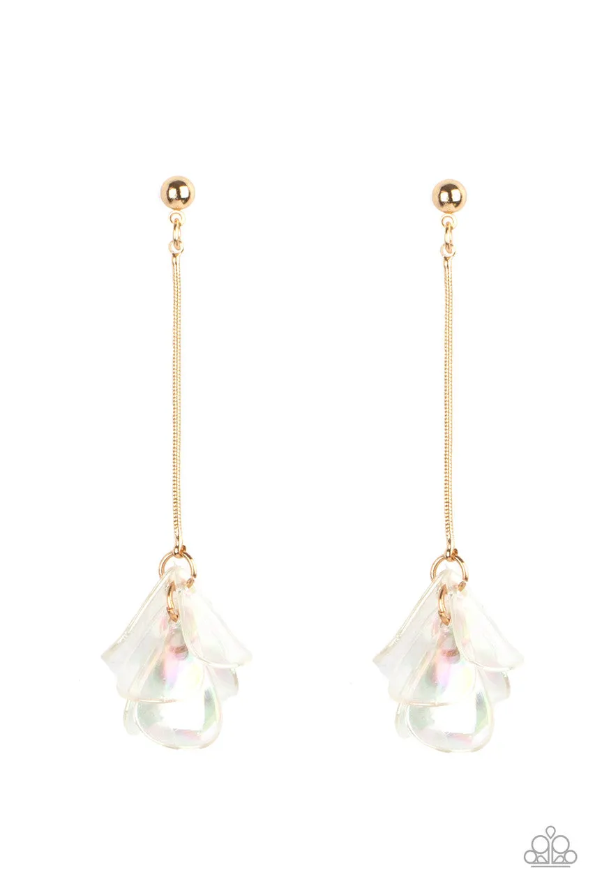 Keep Them in Suspense - Gold - White Iridescent Acrylic Flower Paparazzi Post Earrings