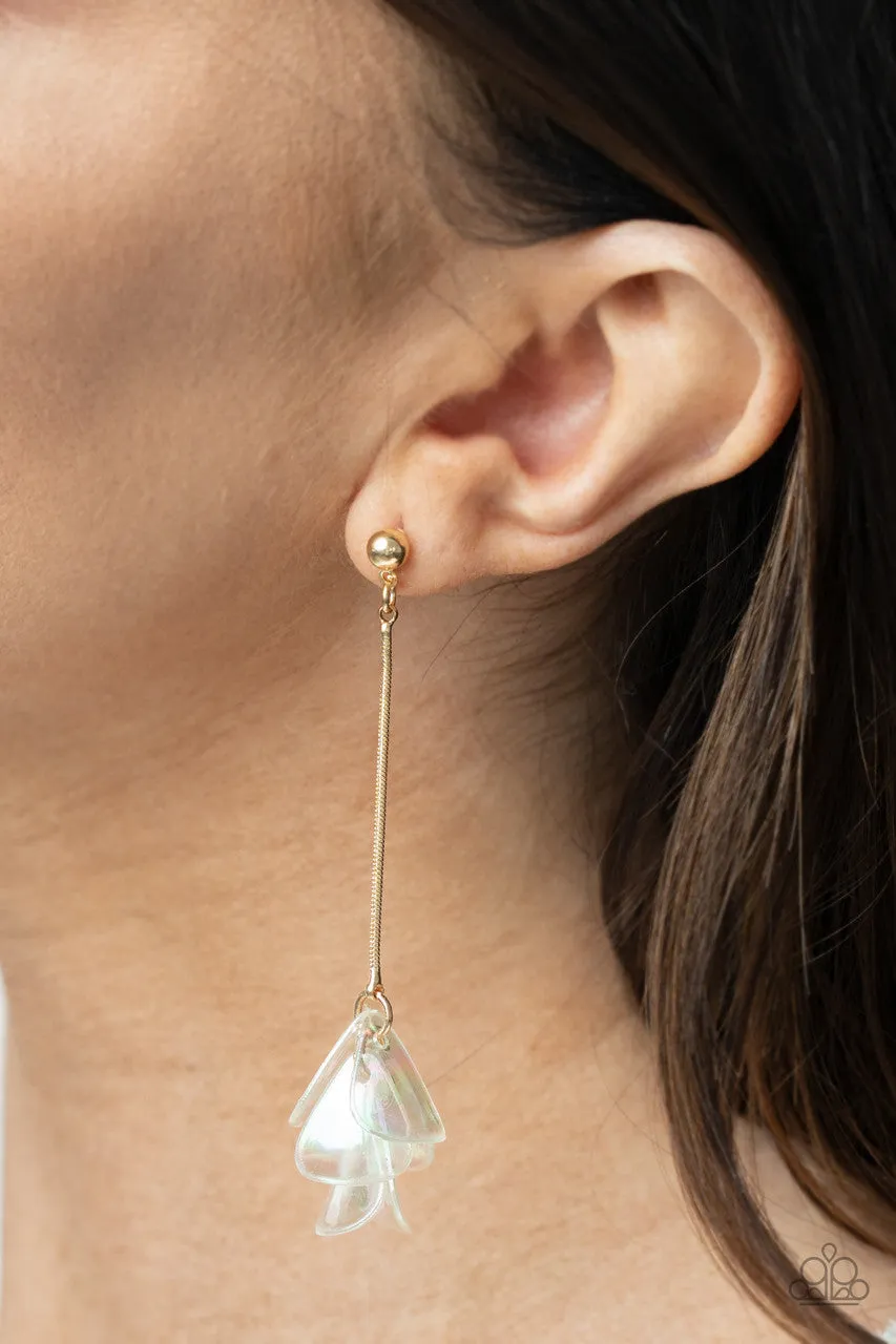 Keep Them in Suspense - Gold - White Iridescent Acrylic Flower Paparazzi Post Earrings