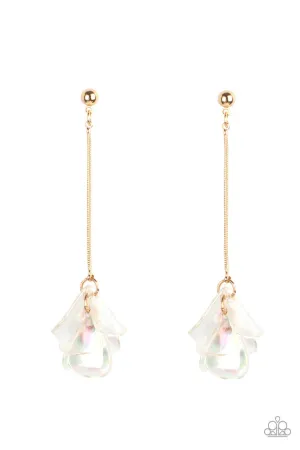 Keep Them in Suspense - Gold - White Iridescent Acrylic Flower Paparazzi Post Earrings