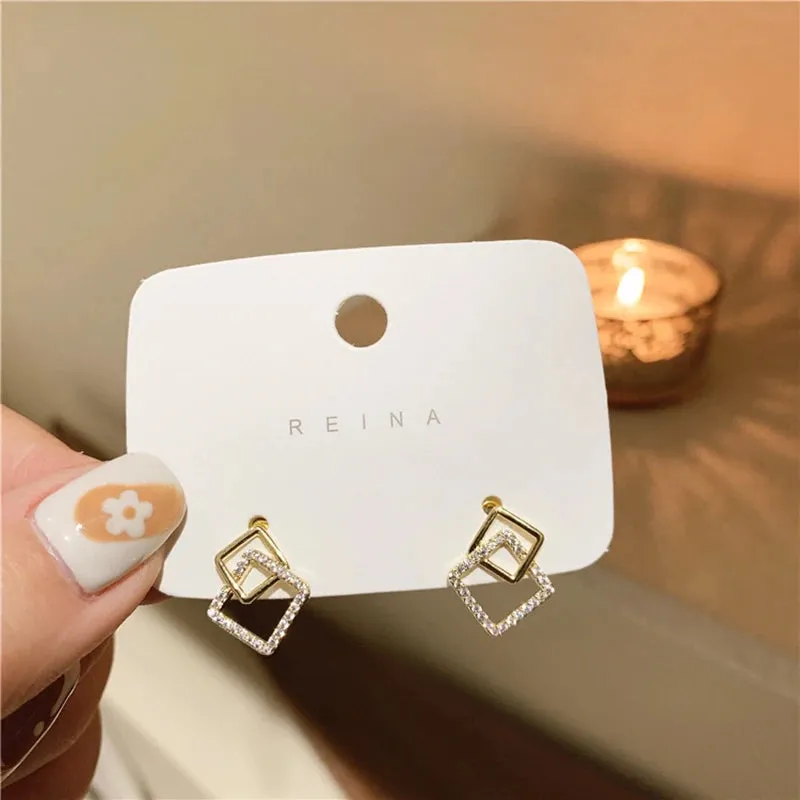 Korean Geometric Double Layers Rhombus Earrings for Women Gold Color Crystal Temperament Earring