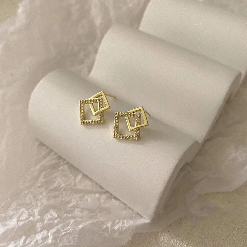 Korean Geometric Double Layers Rhombus Earrings for Women Gold Color Crystal Temperament Earring