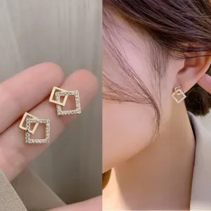 Korean Geometric Double Layers Rhombus Earrings for Women Gold Color Crystal Temperament Earring