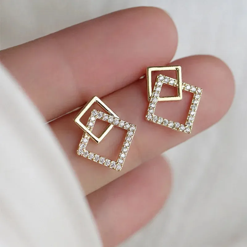 Korean Geometric Double Layers Rhombus Earrings for Women Gold Color Crystal Temperament Earring