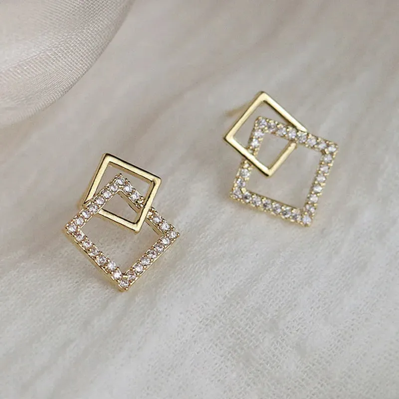 Korean Geometric Double Layers Rhombus Earrings for Women Gold Color Crystal Temperament Earring