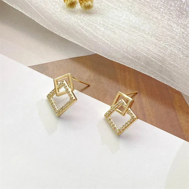 Korean Geometric Double Layers Rhombus Earrings for Women Gold Color Crystal Temperament Earring