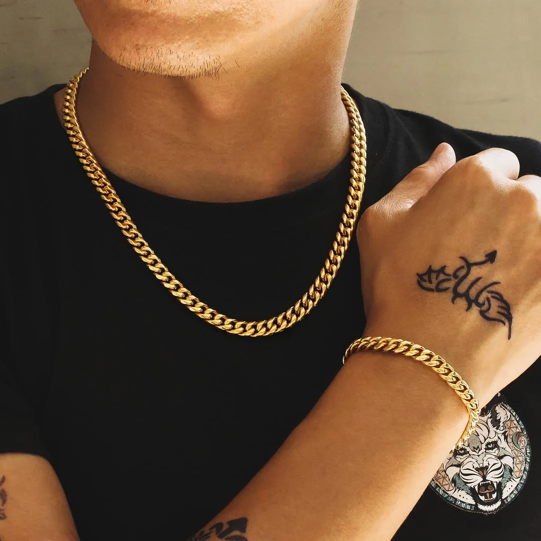 KRKC&CO KEEP REAL KEEP CHAMPION 8mm Mens Miami Cuban Link Chain and Bracelet Set in 18K Gold