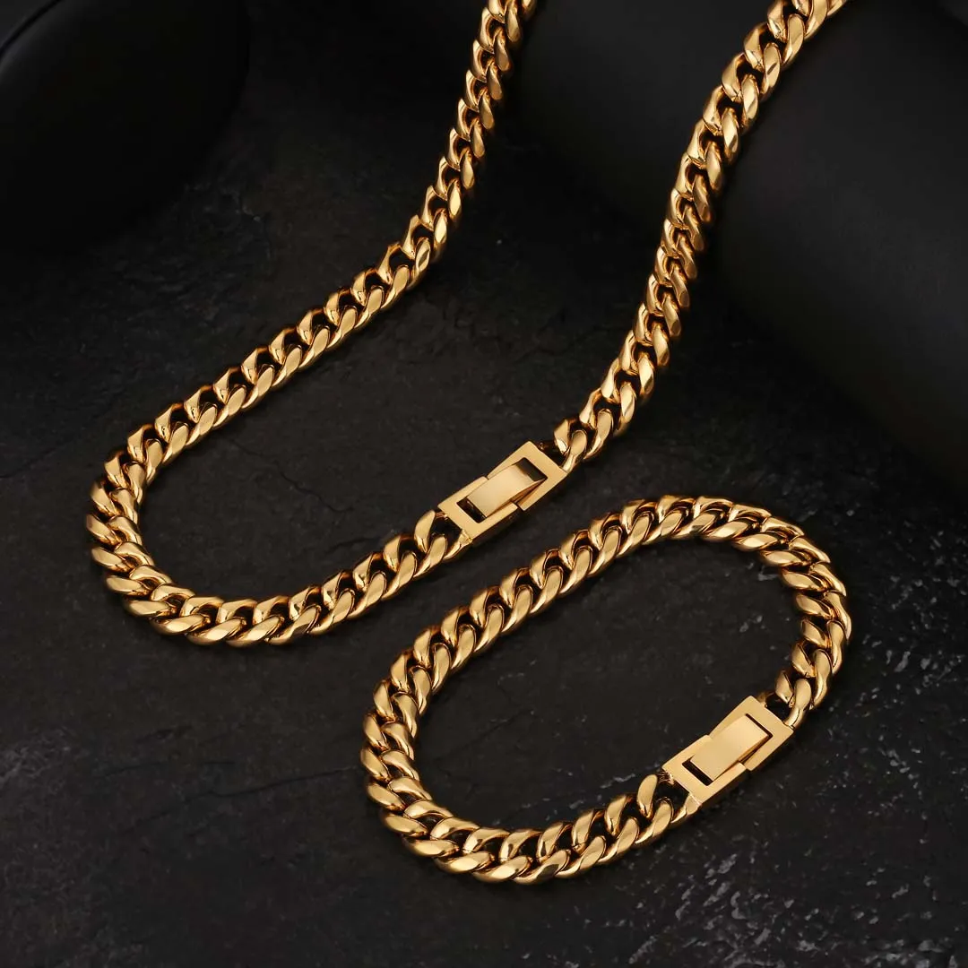 KRKC&CO KEEP REAL KEEP CHAMPION 8mm Mens Miami Cuban Link Chain and Bracelet Set in 18K Gold