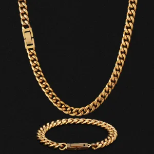 KRKC&CO KEEP REAL KEEP CHAMPION 8mm Mens Miami Cuban Link Chain and Bracelet Set in 18K Gold